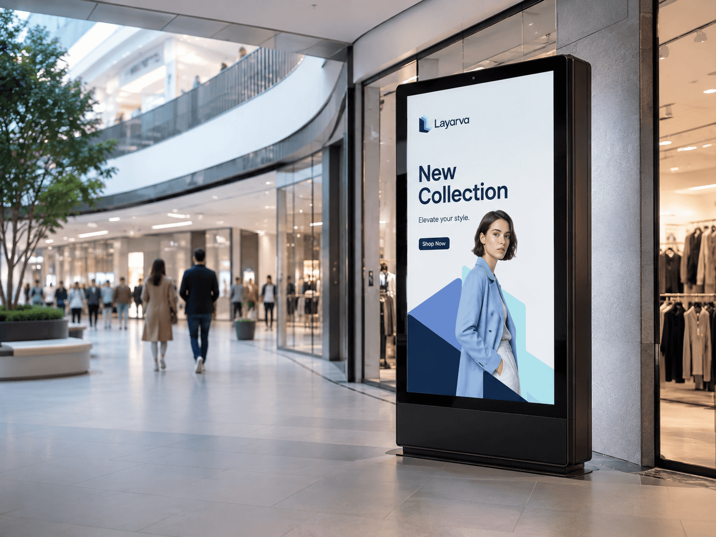 Digital signage display in a modern shopping mall showing a fashion retail promotion
