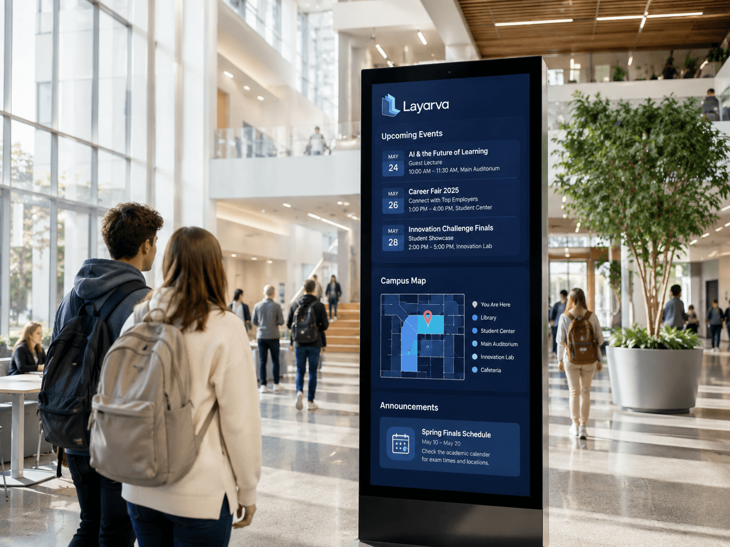 University campus digital kiosk showing upcoming events and campus map