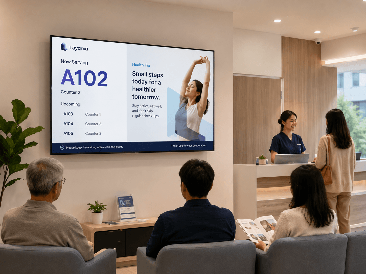 Clinic waiting room display showing queue numbers and health tips