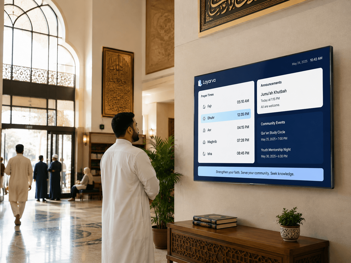 Mosque lobby display showing prayer times and community announcements