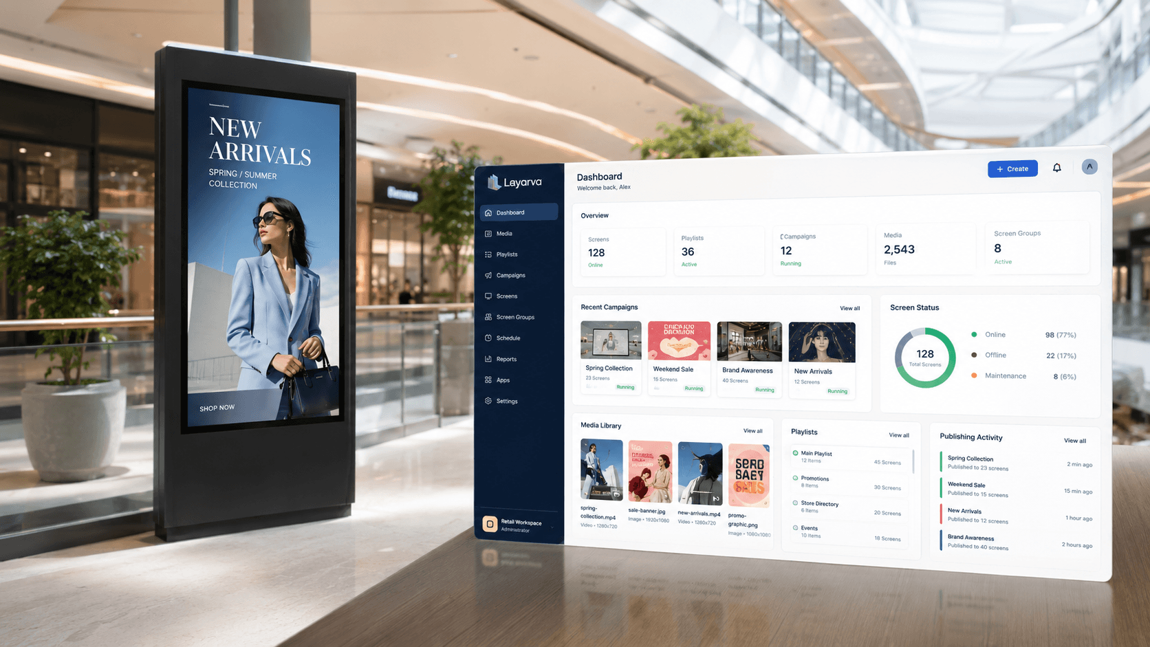 Layarva platform dashboard showing retail workspace with screens, media library, and campaign management