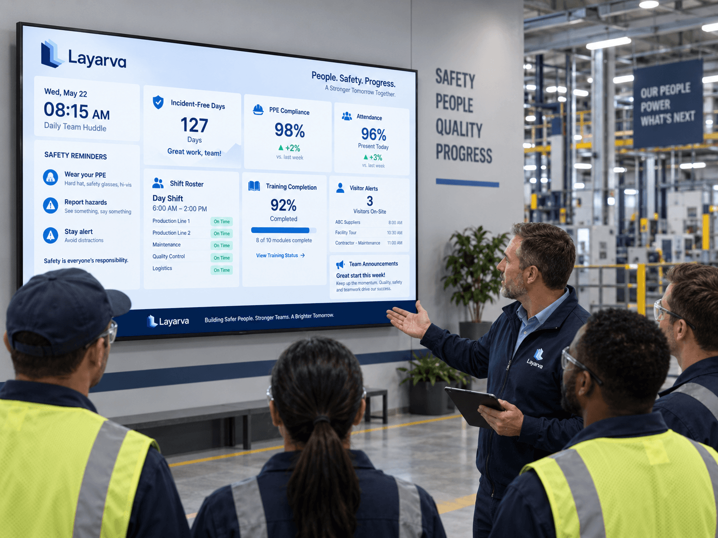 Manufacturing team reviewing safety, attendance and shift information on a factory display